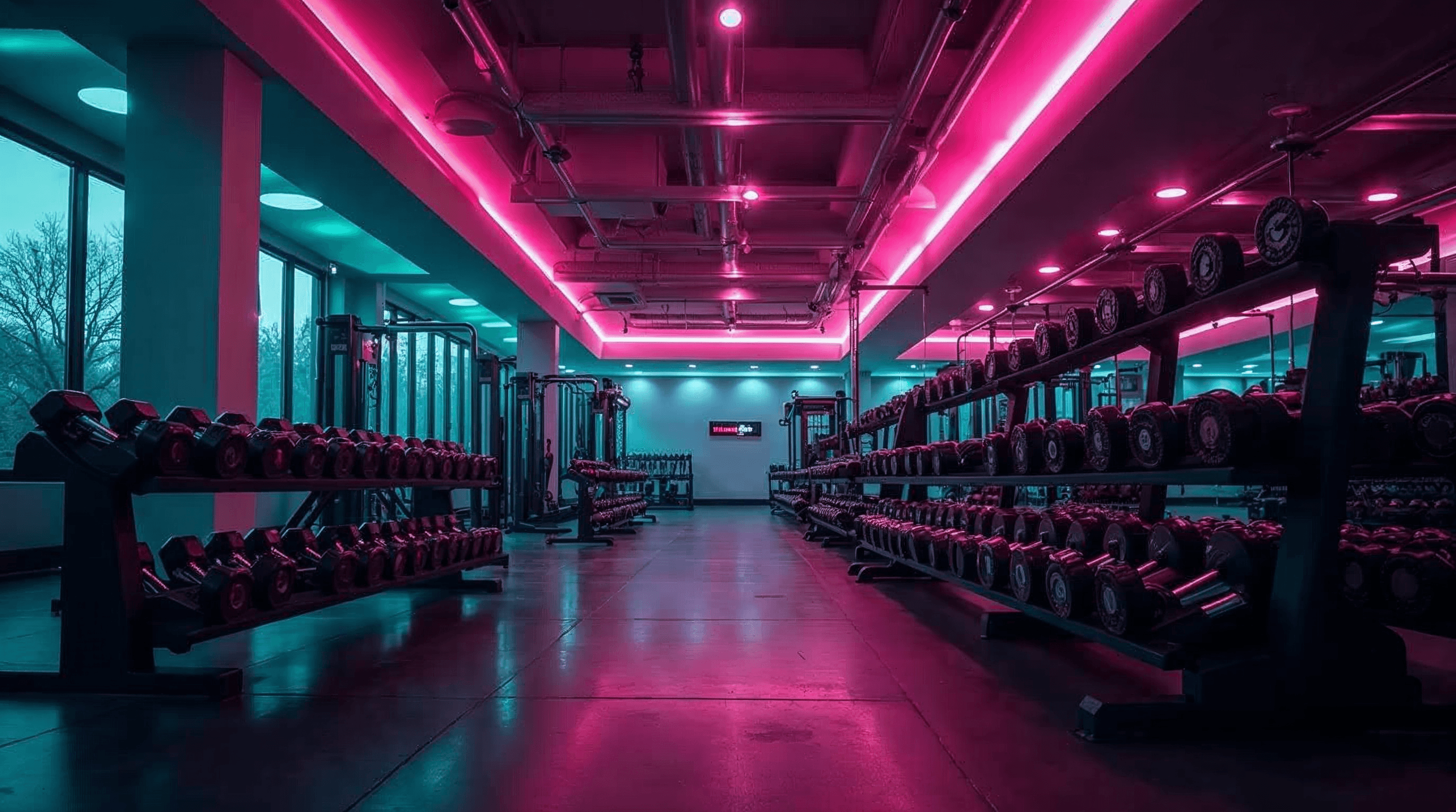 Interior modern al sălii Avangard Gym Plus, cu rastele de gantere